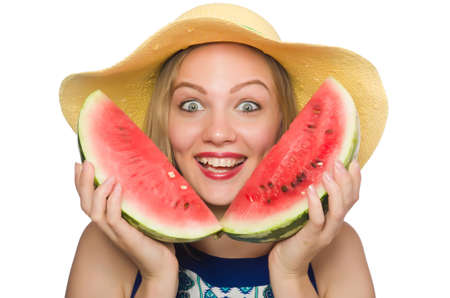 Woman with watermelon isolated on whiteの写真素材