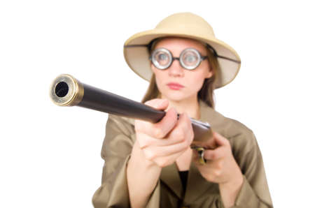 Woman wearing safari hat on whiteの写真素材