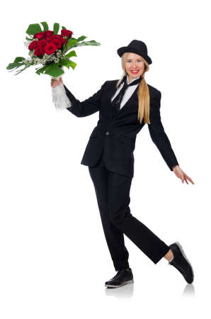 Woman with bunch of roses isolated on whiteの写真素材