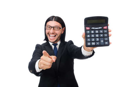 Man with calculator isolated on whiteの写真素材