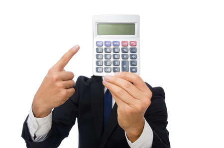 Man with calculator isolated on whiteの写真素材