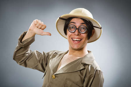 Man wearing safari hat in funny conceptの写真素材