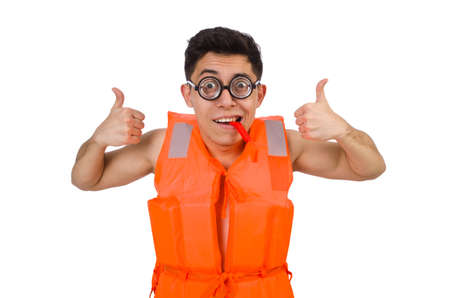 Funny man wearing orange safety vestの写真素材