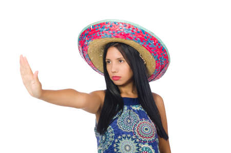 Young attractive woman wearing sombrero on whiteの写真素材