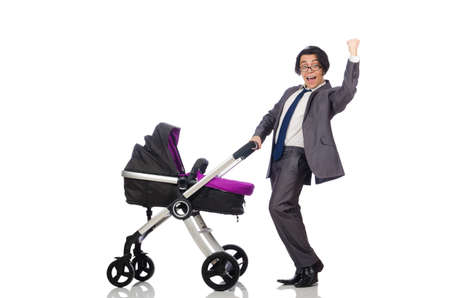 Funny dad with baby and pram on whiteの写真素材