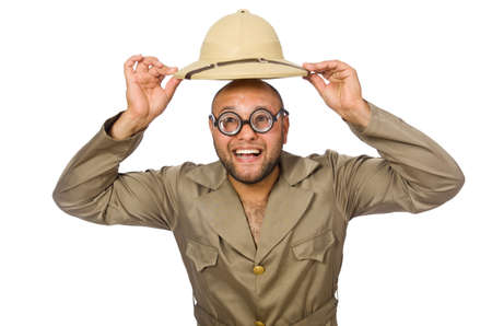 Funny safari traveller isolated on whiteの写真素材