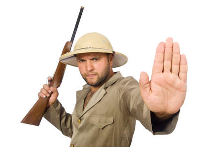 Safari hunter isolated on whiteの写真素材