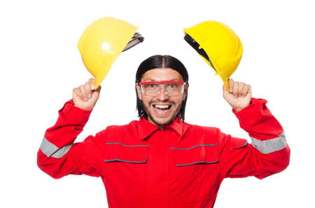 Man wearing red coveralls isolated on whiteの写真素材