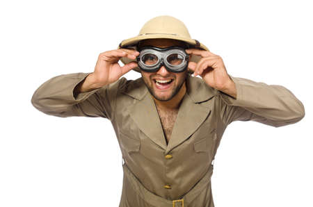 Man in safari hat with goggles on whiteの写真素材