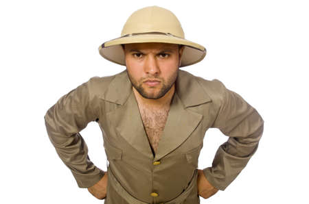 Man in safari hat isolated on whiteの写真素材