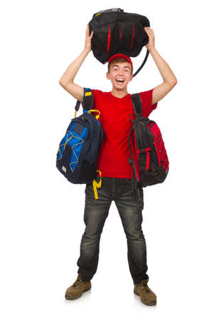 Young traveller with backpack isolated on whiteの写真素材