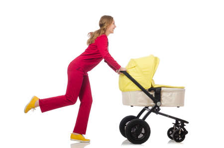 Woman with pram isolated on white