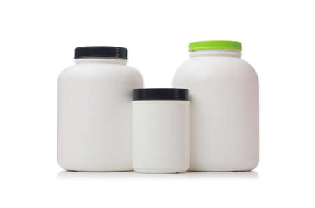 Jars with food additive protein isolated on whiteの写真素材