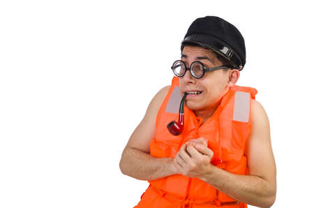 Funny man wearing orange safety vestの写真素材