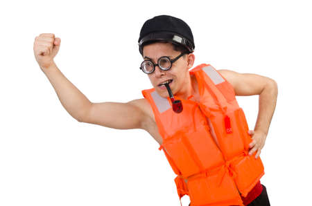 Funny man wearing orange safety vestの写真素材