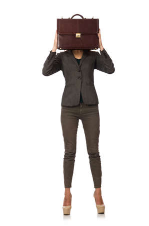 Woman businesswoman with briefcase isolated on whiteの写真素材