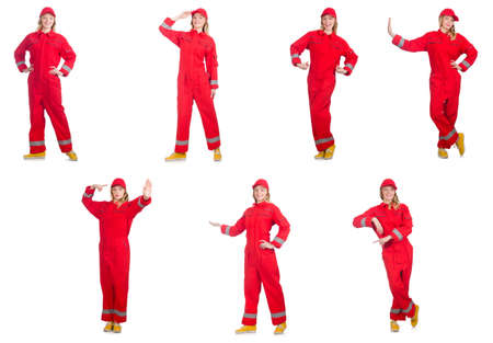 Woman in red overalls isolated on whiteの写真素材