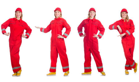 Woman in red overalls isolated on whiteの写真素材