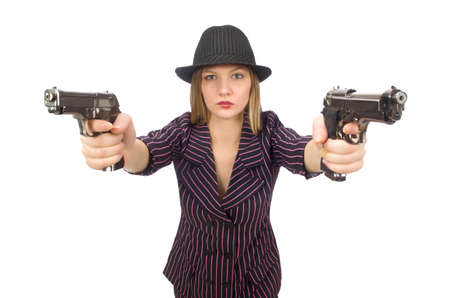 Gangster woman with gun isolated on whiteの写真素材