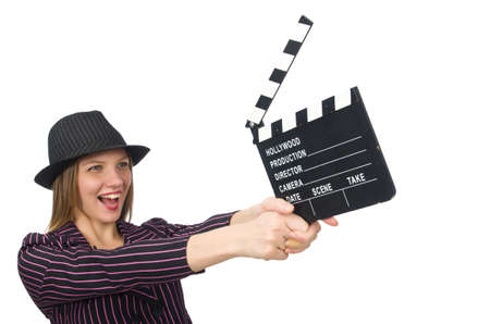 Woman with movie clapboard isolated on whiteの写真素材