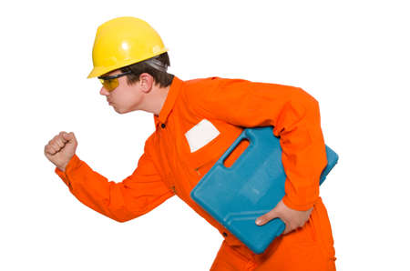 Man in orange coveralls isolated on whiteの写真素材