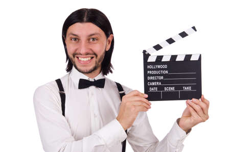 Young gentleman with clapperboard isolated on whiteの写真素材