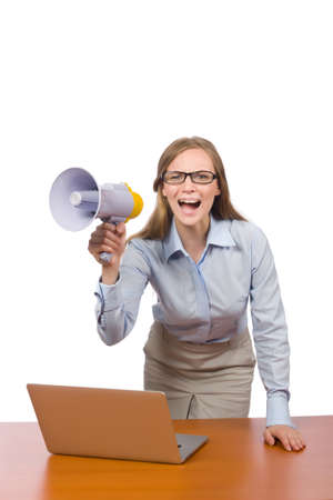Office employee at job holding loudspeaker isolated on whiteの写真素材