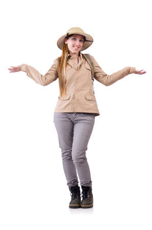 Woman wearing safari hat on whiteの写真素材
