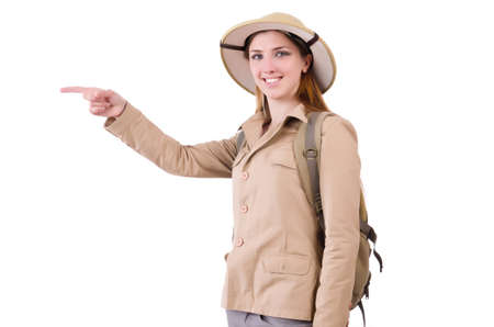 Woman wearing safari hat on whiteの写真素材