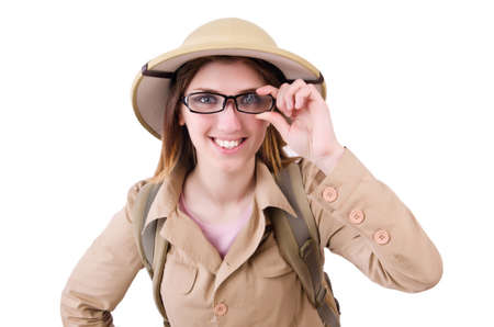 Woman wearing safari hat on whiteの写真素材
