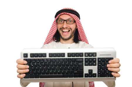Arab businessman with computer on whiteの写真素材