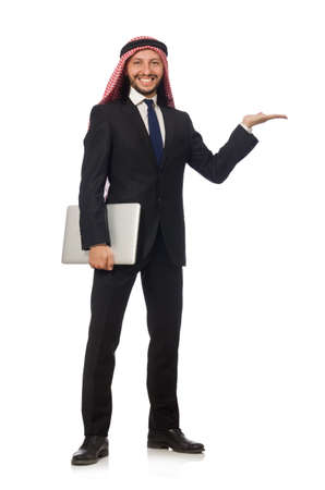 Arab businessman with computer on whiteの写真素材