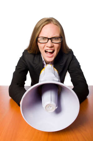 Woman with loudspeaker isolated on whiteの写真素材
