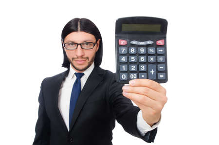 Man with calculator isolated on whiteの写真素材