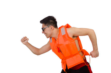 Funny man wearing orange safety vestの写真素材