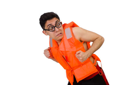 Funny man wearing orange safety vestの写真素材