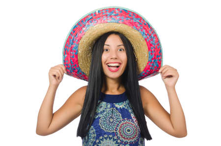 Young attractive woman wearing sombrero on whiteの写真素材