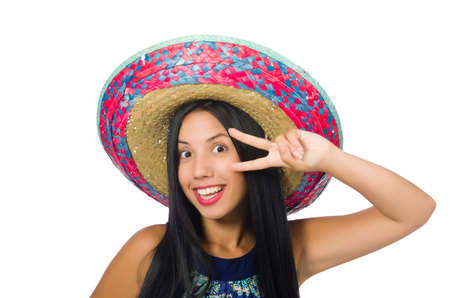 Young attractive woman wearing sombrero on whiteの写真素材