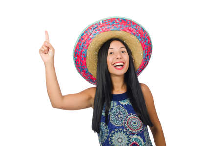 Young attractive woman wearing sombrero on whiteの写真素材