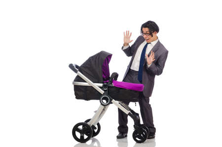 Funny dad with baby and pram on whiteの写真素材