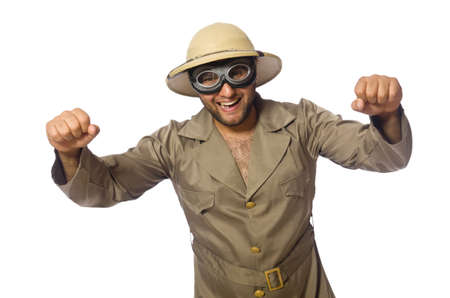 Man in safari hat with goggles on whiteの写真素材