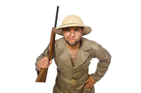 Safari hunter isolated on whiteの写真素材