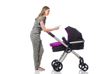 Happy mom with her baby in pramの写真素材