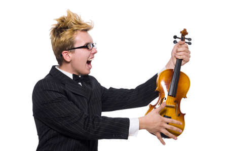 Young musician with violin isolated on whiteの写真素材