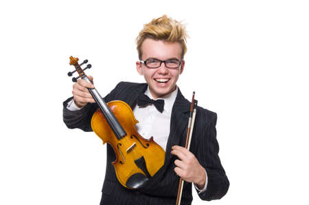 Young musician with violin isolated on whiteの写真素材