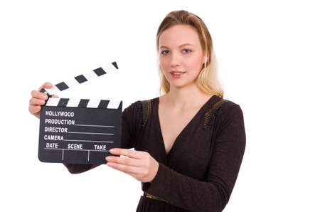 Brown dress girl holding clapperboard isolated on whiteの写真素材