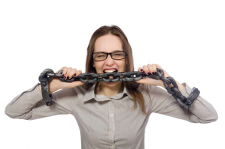 Young businesswoman in funny concept on whiteの写真素材