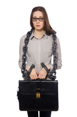 Young businesswoman in funny concept on whiteの写真素材