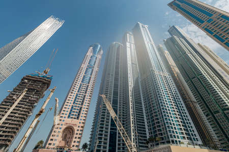 Dubai - AUGUST 9, 2014: Dubai Marina district on August 9 in UAE. Dubai is fastly developing city in Middle Eastのeditorial素材