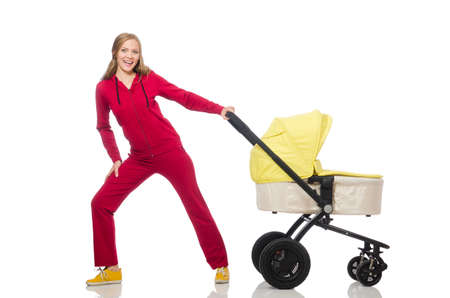 Woman with pram isolated on white